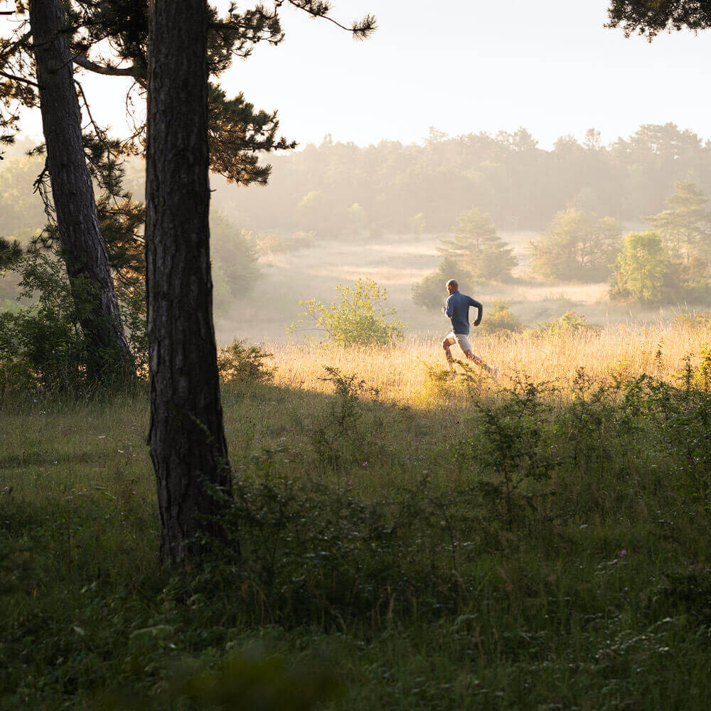 Man runs over a meadow in the foreground a tree in the background are hills