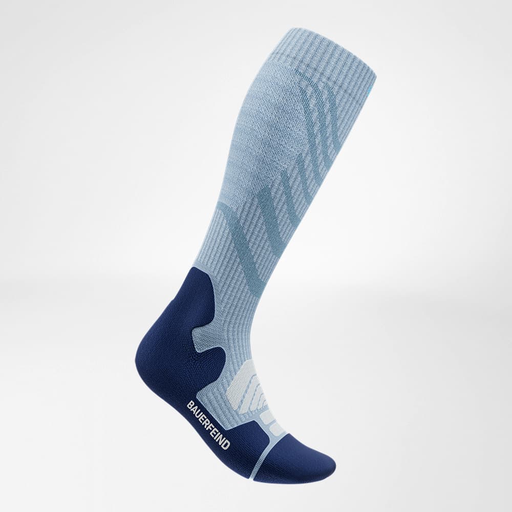 Side view of the merino hiking socks in light blue