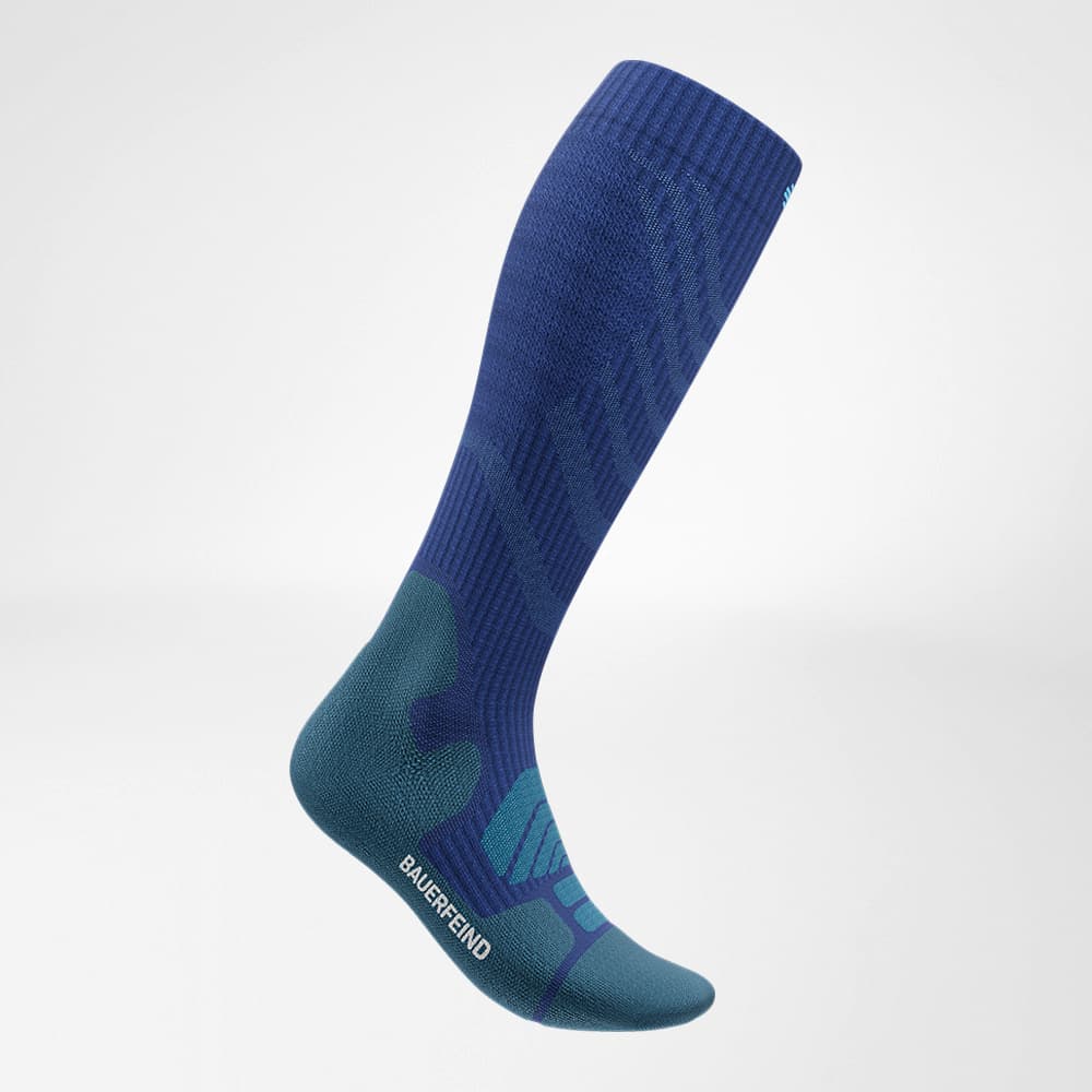 Side view of the merino hiking socks in dark blue