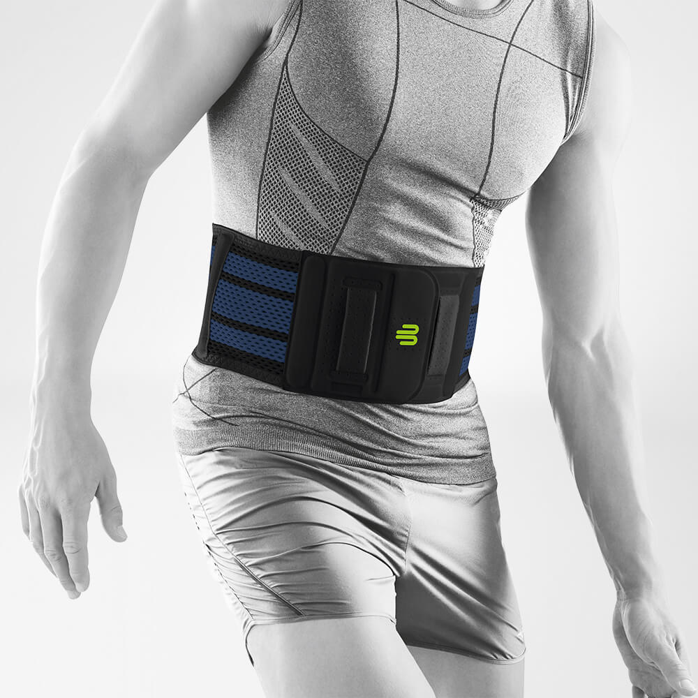 The front view of a black sports bandage for the back on a stylized gray body