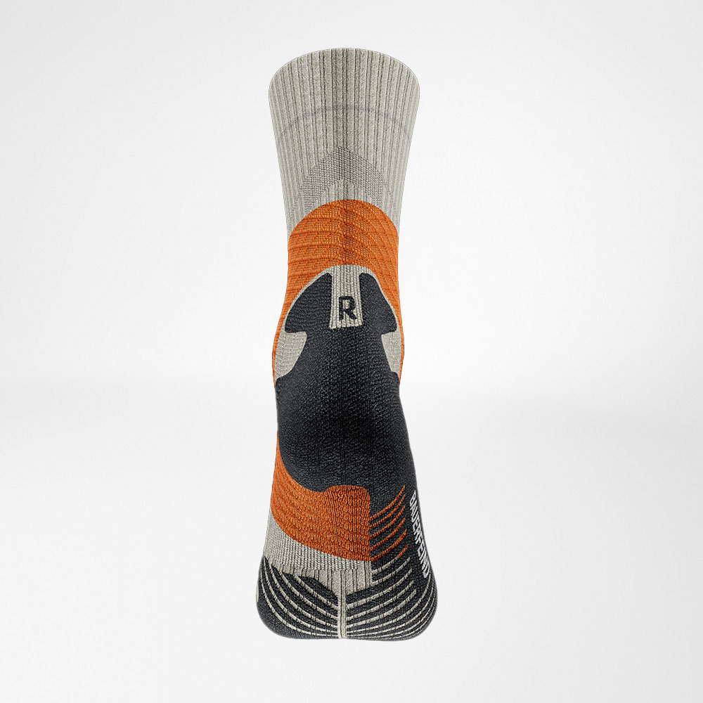 Back view of the gray -orange medium -long trail run - running socks