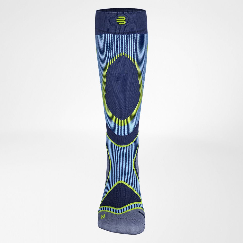 Front complete view of the blue compression stockings to run
