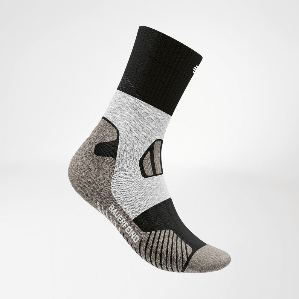 Side view of the gray -white medium -length trail run - running socks