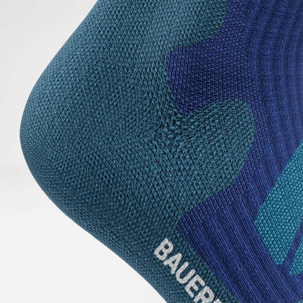 Detailed recording of the heel protection zone of the dark blue medium -length Merino - hiking socks