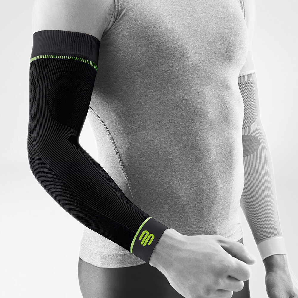 Complete view of the black compression Sleev for the arm on the stylized gray body