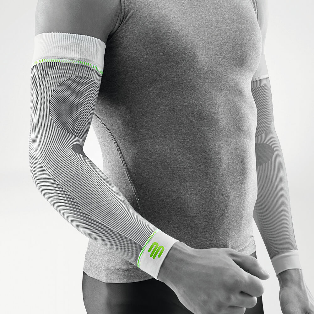 Complete view of the white compression Sleev for the arm on the stylized gray body