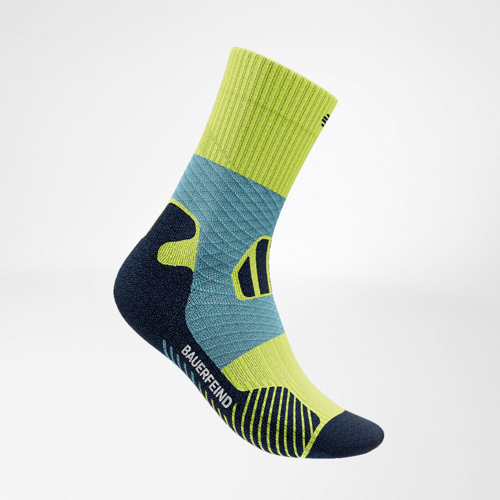 Side view of the blue -yellow medium -length trail run - running socks