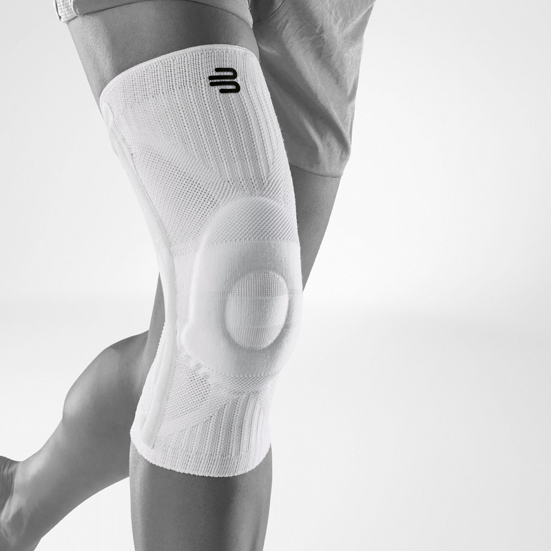 Complete view of a white knee band for sport on the stylized gray leg