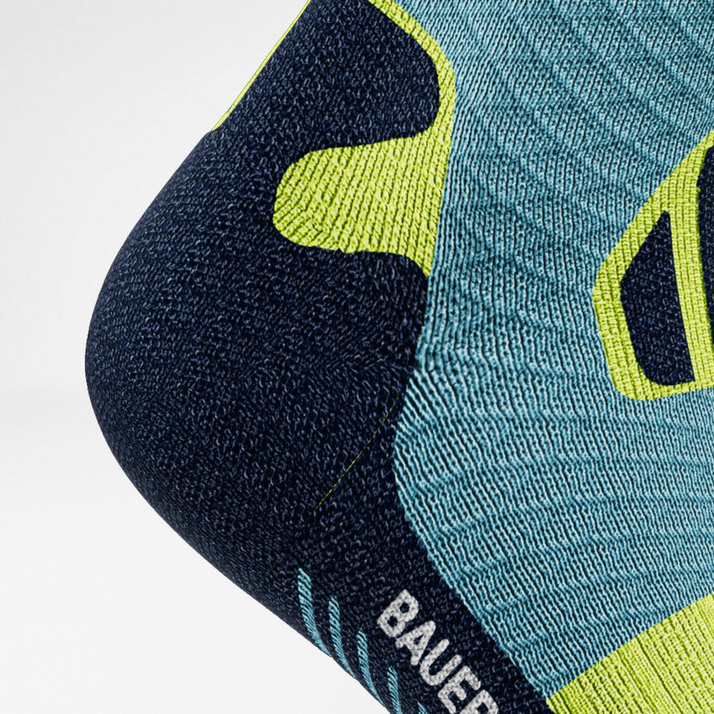 Detailed recording heel protection zone of the blue -yellow medium -length trail run - running socks