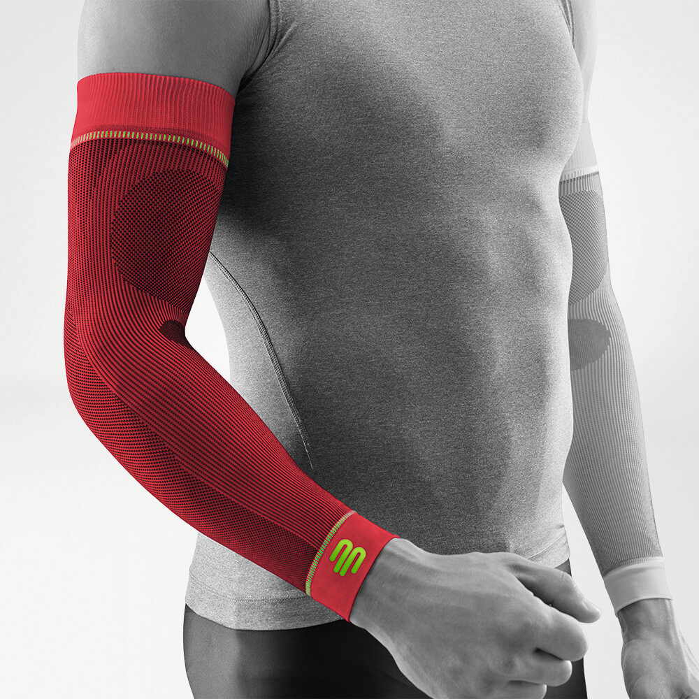 Complete view of the red compression Sleev for the arm on the stylized gray body