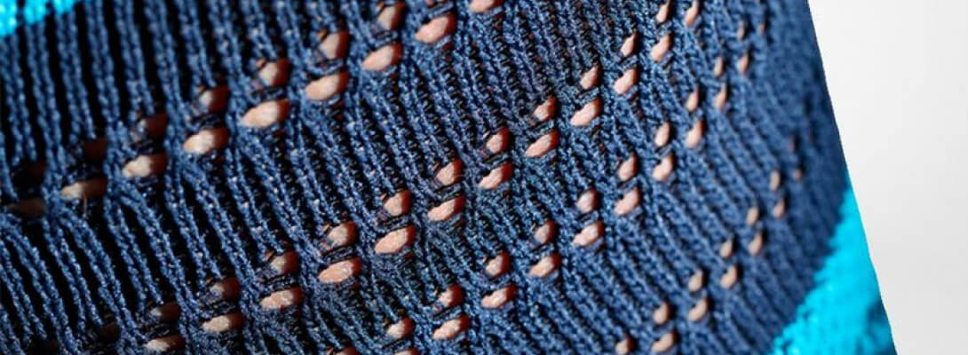 Knee support detailed recording Detailed view of the breathable knitting in the knee of the knee wire for sport